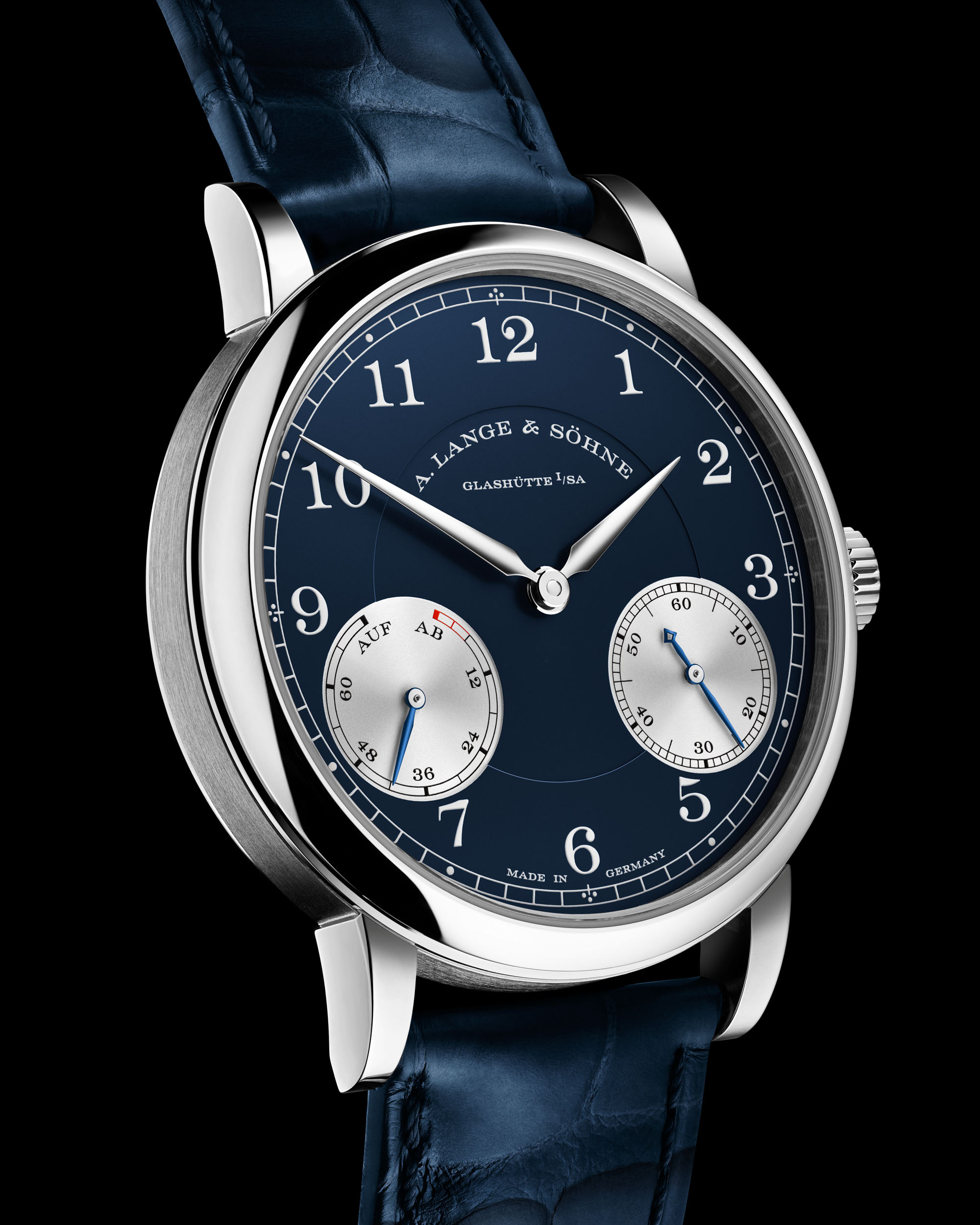 Close view of the 1815 Up/Down dial showing AUF and AB power reserve markings and subsidiary seconds