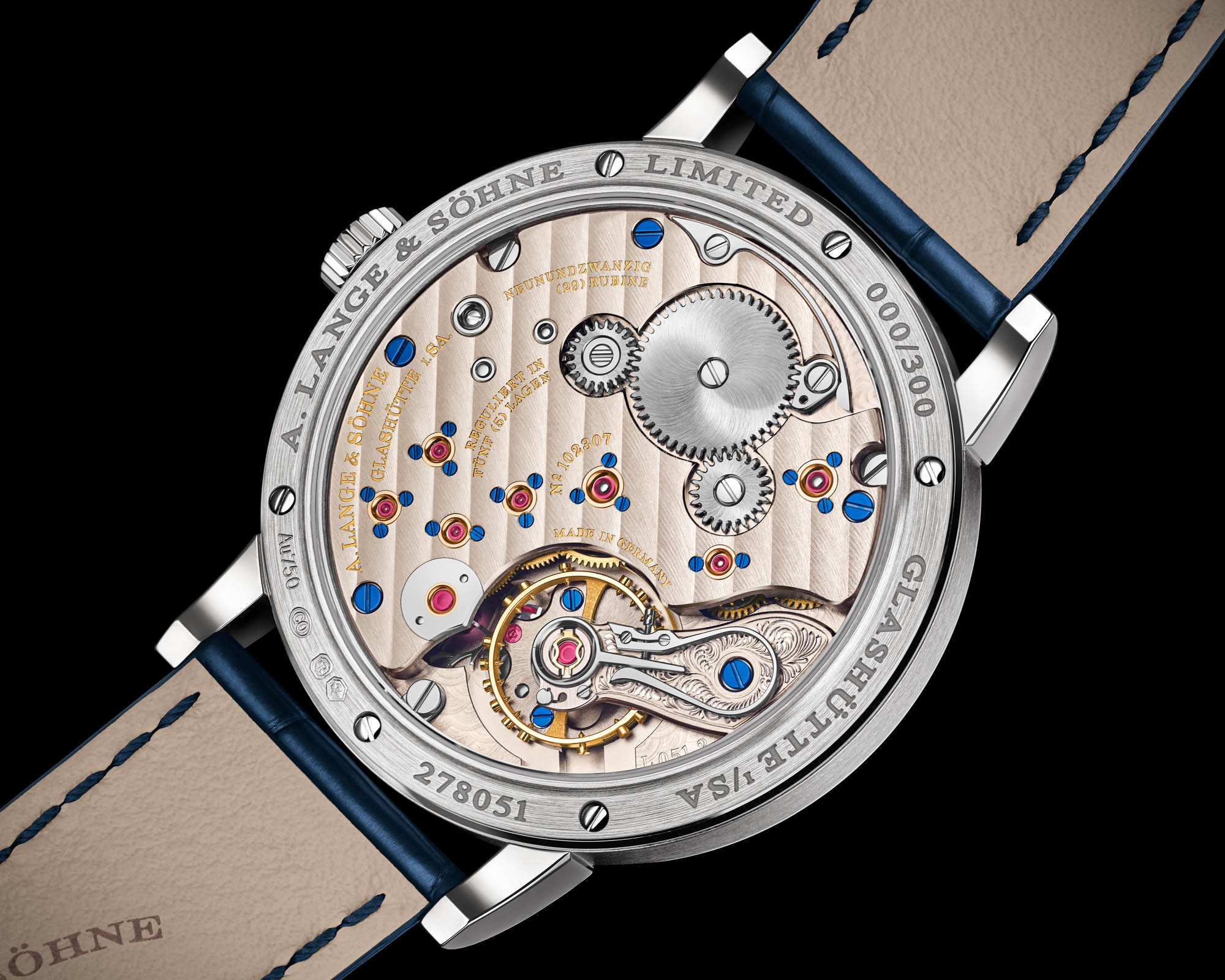 A. Lange & Söhne 1815 Up/Down 244.028 white gold on the wrist with blue alligator strap